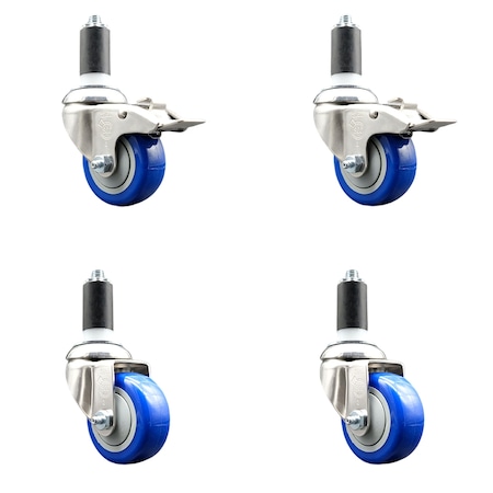 Service Caster 3.5 Inch 316SS Blue Polyurethane Swivel 1-1/4 Inch Stem Caster Lock Brake, 2PK SS316TTLEX20S3514-PPUBBLUE-2-S-2-114